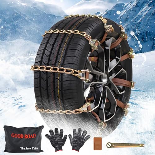 Shyllin Schneeketten Universal Autokette 4 Stück, Anti-Rutsch Ketten mit Schraubenschlüssel und Handschuhe, Langlebige Reifen Schneekette Anfahrhilfe, Auto Anfahrhilfe Schnee, für 165-285mm Reifen