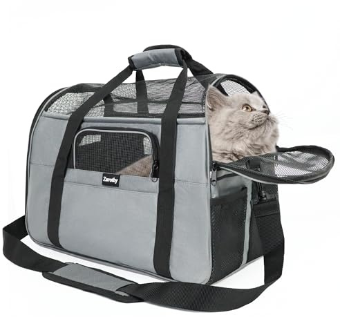 Zavothy Sac Transport Chat Chien, Sac Transport Respirant et Pliable, Caisse de Transport Chat avec Bandoulière Réglable, Matelas en Peluche Amovible, M, Gris