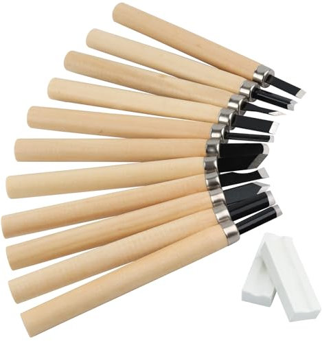 12Stks Manganstahl Holzschnitzmeißel Set, Heimwerker Schnitzer Handmeißel, Professionelle Holzbeitel, Tischler Schnitzwerkzeug mit 2 Schleifsteinen, Graviermeißel für Anfänger Holzschnitzen