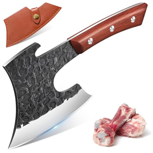 Purple Dragon Mannaia Da Cucina A Codolo Pieno, Ascia da Cucina Pesante per Grandi Ossa e Carne con Fodero in Pelle, Coltello da Macellaio in Acciaio al Carbonio, Regali per Uomini