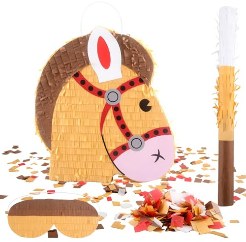 Horse Pinata Pony Pinata with Blindfold Stick and Confetti Horse Head Party Supplies for Cowboy Theme Birthday Party Decorations Photo Props Candy Holder, 13 x 12 Inch