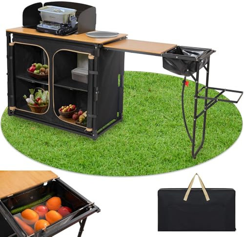 KingCamp Campingküche faltbar mit Spüle, Outdoor Campingschrank aus Aluminium und Bambus, tragbarer Campingschrank klappbar Windschutz Campingmöbel für BBQ Picknicks, Camping