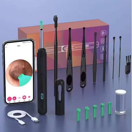 Nettoyeur d'oreille avec caméra, ensemble de bâtons d'oreille HD, Otoscope, chargement USB C, Endoscope, outil d'élimination de la cire, cure-oreille, ensemble de nettoyage d'oreille (Noir)
