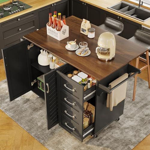 Ymkua Küchenwagen, Kücheninsel, Küchenschrank, Buffetschrank Speisewagen mit Arbeitsplatte klappbar, Esswagen Anrichte mit Rollen, Schubladen und Handtuchhalter, Türen, 107x40x93cm (Black)