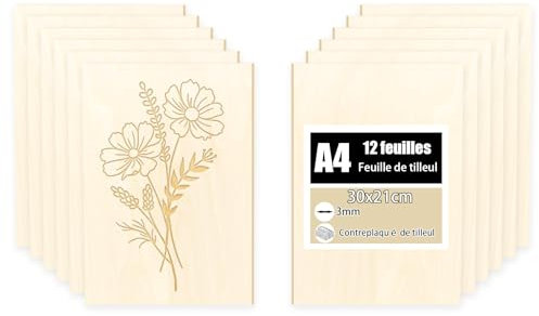 12 Pièces Contreplaqué Tilleul 3mm - 30x21cm - Feuilles Bois pour Découpe Laser, Pyrogravure & Gravure - Idéales pour Maquettes, Bricolage et Projets Artisanaux ((300 * 210 * 3mm)12PCS)
