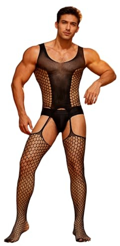 ohmydear Men's Fishnet Bodysuit One Piece Mesh Bodystocking Lingerie (black,L-2XL)