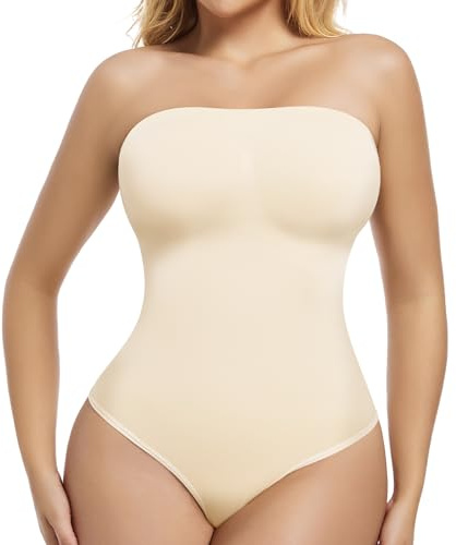 ONEW Dam axelbandslös bandeau formkläder body camisole bodysuit topp med avtagbara spagettiremmar magkontroll stringbody midjetränare tanga body shaper, #4 Lätt beige/stringbody, L