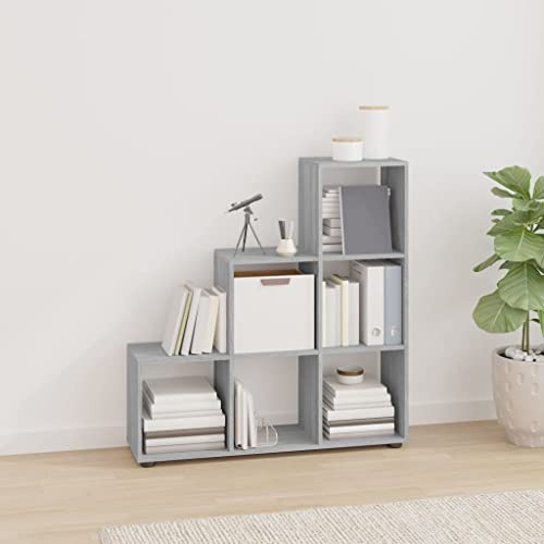 Tonture Trapphylla grå Sonoma 107 cm, robust trämaterial bokhylla med 6 fack, mångsidig förvaring för böcker, DVD-skivor och dekoration, modern design