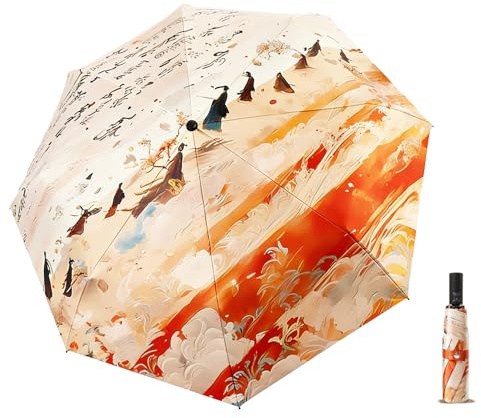 Maibar Umbrella Women Chinese Style Sun UV Protection Hand Parasol Folding UPF 50 SPF 50 Compact Umbrellas (Auto Open Button)