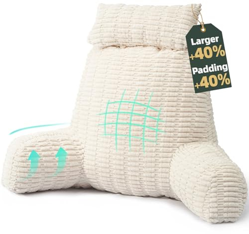 mereza Reading Pillow for Bed Adult, Extra Large Back Support Pillow with Neck Roll, Soft Corduroy Cuddle Cushion with Blanket for Bed Sofa Chair, TV Watching Gaming Relaxing Working Beige