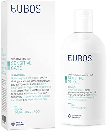 ACEITE DE DUCHA DE EUBOS CUIDADO SENSIBLE: limpieza médica cuidadosa | Para pieles secas y sensibles | Con aceite de almendras y cártamo | Para rellenar | 200ml