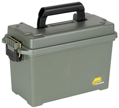 Plano Field Ammo Box, OD Green, Lockable Ammunition Storage Box with Heavy-Duty Carry Handle, Medium Plastic Ammo Storage, Water-Resistant Protection, Holds 6-8 Boxes of Ammo