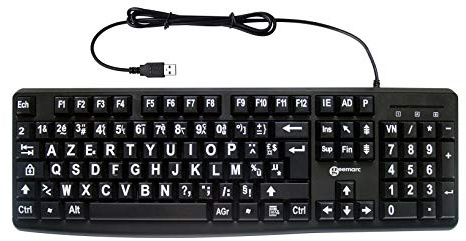 Clavier Alphanumérique Filaire de Geemarc avec Grands Caractères Blancs sur Larges Touches Noires - Contraste Élevé pour Personnes Malvoyantes - Compatible avec Windows XP, Vista, 7, 8, 10 - AZERTY