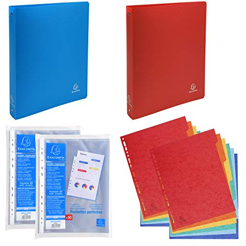 Exacompta PACKRDCAMZE - Lote de 2 archivadores flexibles de polipropileno + 2 bolsas de 50 fundas perforadas lisas + 2 paquetes de 6 separadores de cartulina brillante