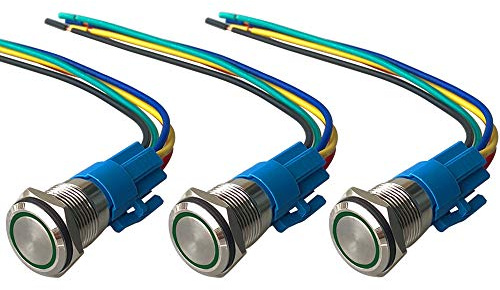 QitinDasen 3Pcs Premium 12V / 24V 5A Interruttore a Pulsante Momentaneo, 19mm Interruttore a Pulsante in Metallo con LED Verde, Interruttore Avviamento Auto in Acciaio Inossidabile impermeabile