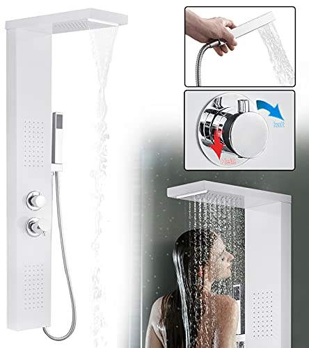Aufun Duschpaneel Edelstahl Duschsystem mit Regendusche, Regenduschensäule, Massagedusche, Duschsäule Duschset mit Handbrause für Badezimmer Duschbrause, Weiß