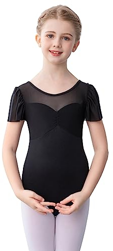 Bezioner Ballettkleidung Mädchen, Ballett Trikot Kinder Mesh Ballettanzug Puffärmel TanzBody for 2-10 Jahre Schwarz 140(8-10 Jahre)