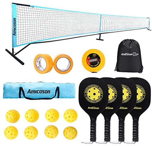 Amicoson Pickleball Set with Net, 22FT Net Sets Portable 4 Wooden Paddles, 8 Pickleballs, 1 Carrying Bag, Backpack, 2 Rolls of Court Marking Tape &1 Measuring Tape, Black Net01
