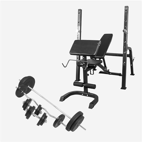 GORILLA SPORTS® viktbänk - inklusive skivstångsset 100 kg, hylla och curlbord, multifunktionell, justerbar, svart/vit - lutningsbänk, bänkpress, träningsbänk med vikter, fitness, multigym