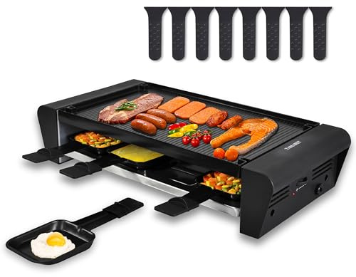 TAMARIT Raclette Table Grill for 8, 2 in 1 Small Swiss Style PFAS-No Nonstick Reversible Grill/Griddle Plate Adjustable Temperature Control 1300 W, 8 Raclette Cheese Pans Black