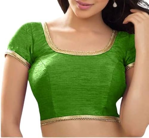 Fashnkart Chemisier Indien à Manches Courtes Cousu Dupion pour Femme - Tunique Ethnique prête à l'emploi - Col Rond - Dos Ouvert avec Dentelle