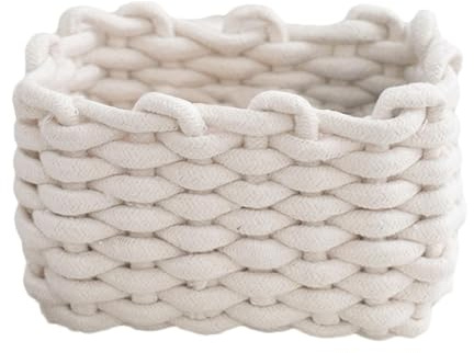 Petit panier de rangement en corde de coton, panier de rangement de bureau tissé, paniers en corde de coton avec poignées, paniers de rangement rectangulaires décoratifs naturels, petit panier