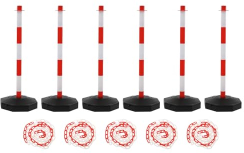 6 conchas de tráfico, postes de cadena, 85 cm de alto, conos de tráfico con cadena y base rellenable, rojo y blanco, postes de bloqueo de carreteras