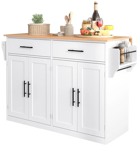 DRIXNO Kücheninsel Küchenschrank mit arbeitsplatte mit Klappbarer Tischplatte, 120x46(70) x91 cm, Weiß mit Rollen und austauschbaren Holzbeinen, Kitchen Island Freistehend, für Küche und Esszimmer