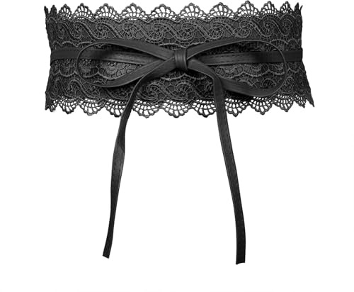 MILAKOO Spets med läder obi bälte kvinnor spets midjebälte fluga wrap rosett cinch brett bälte för klänning, Svart, 240cm/94.4 inches (M)