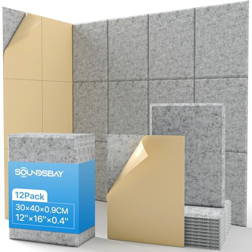 Soundsbay Pannelli acustici autoincollanti, 12 pezzi, fonoassorbenti, isolamento acustico, pannelli fonoassorbenti, ad alta densità, per trattamento acustico e decorazione da parete, 30 x 40 x 0,9 cm