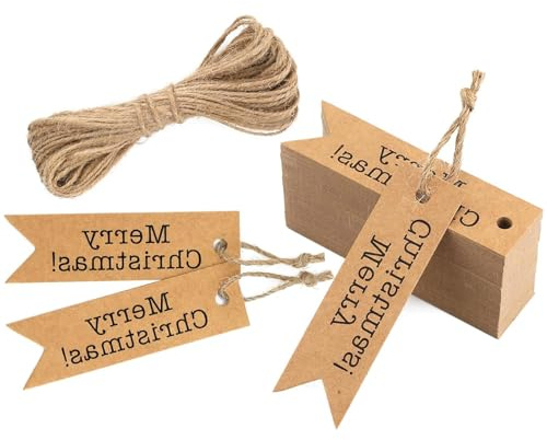 God jul-etikett, 100 st presentetiketter med sträng, brunt kraftpapper taggar tryck med god jul etikett hängande presenter taggar för gör-det-själv hemmafest, juldekorationer, julklappar
