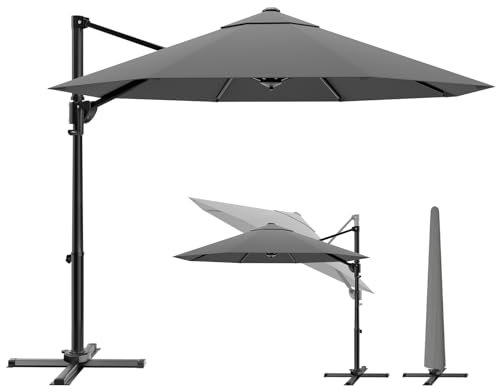 Devoko Ampelschirm 300 cm, Sonnenschirm für Garten & Terrasse, Gartenschirm mit UV-Schutz 30+, Windsicherung Marktschirm, 360° Drehbar, mit Kurbel und Schutzhülle, Grau