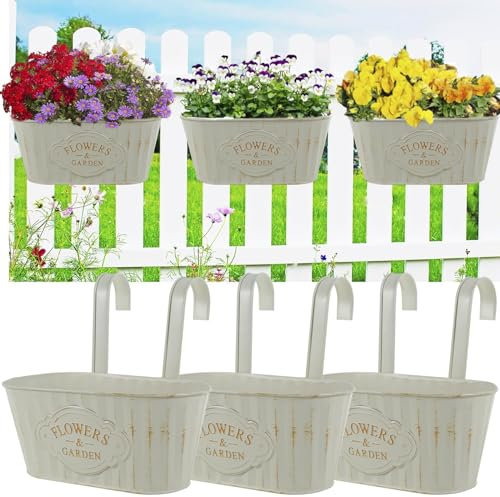 Gatphy 6Pcs Hanging Flower Pots Outdoor for Fence, Metal Hanging Flower Bucket with Drainage Decorative Railing Planter Box Metal Bucket Planter for Porch Railing Balcony Fence Patio(6Pcs)