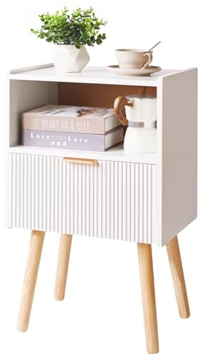 Aibiju Bedside Table with Storage Drawer, Modern Bedside Cabinet with Solid Wood Legs, Small Bedside Table Nightstand for Bedroom with 2-Tier Storage, White YD-TM061W
