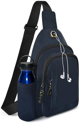 BROTOU Unisex Crossbody Shoulder Bag, Waterproof Chest Bag with Side Mesh Bag and USB Hole, Travel Hiking Daypack (Dark Blue)