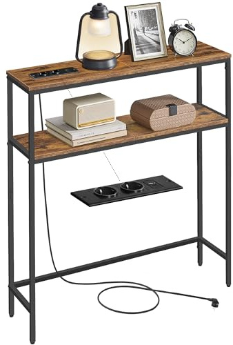 VASAGLE Mesa de Consola de 2 Niveles con Enchufe, Mesa Auxiliar con 2 Estantes, 20 x 80 x 80 cm, para Sala de Estar, Pasillo, Recibidor, Marrón Rústico y Negro Tinta LNT135KD01