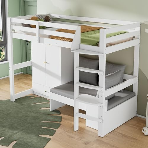Cuna Multifuncional con Escalera, Cama Alta para Niños con Armario, Sofá con Almacenamiento, Tres Cojines y Cojines, con Estante, Sin Colchón, Madera Maciza, Blanco, 90x200