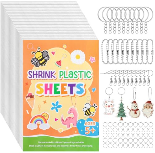 Prudiut 155 Pcs Shrink Plastic Sheets Kit, Including 25Pcs Shrinky Art Paper 7.9x5.7in, Chains Keychains Ear Hooks Opeaning Jump Rings DIY Crafts Keychain Making Kit for Adults Aged 14+