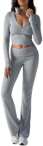 Sukiglam Tuta Donna Casual 2 Pezzi Completo Sportivo Maniche Lunghe Crop Top e Pantaloni a Zampa Tute Scollo a V Slim Fit Lounge Set Elegante per Yoga Palestra Fitness Jogging Outfit Y2K Streetwear