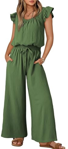 QUNERY Combinaison Ete Femme Casual Combishort Femme Encolure Carrée et Manches Papillon Salopette Casual Jumpsuit avec Cordon de Serrage et Poches B-Vert XL