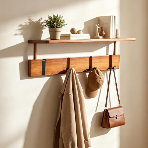 Zaewry Coat Hooks with Shelf, 4 Hidden Hooks Coat Rack with Shelf, Wall Mounted Rack Hanger Wooden Walls Holder, Mounted Pegs Wooden Shelves for Entryway Living Room Bedroom