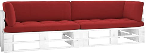Mhdvray Canapé Palette 2 Places avec Coussins Rouges - Salon de Jardin en Bois de Pin Imprégné Blanc - Banquette d'angle Modulable pour Terrasse Balcon et Salon - 110x65x55 cm