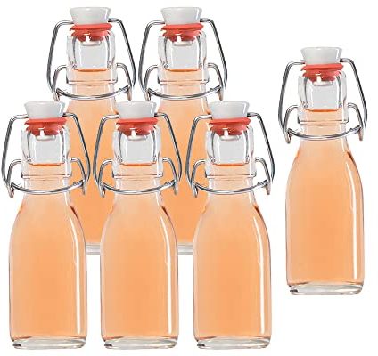 hocz 6x leere Bügelflaschen 100ml zum Befüllen Weiß - kleine Flaschen mit Bügelverschluss - 6er Bügel Glasflaschen Set für Saft, Getränke, Likör, Öl, Saucen - 6 Stück, 100 ml, Weiß