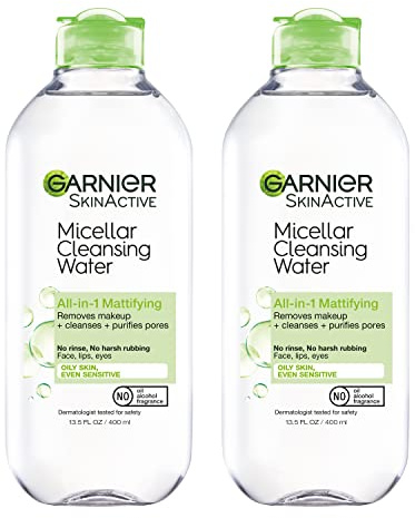 Garnier Micellar Water for Oily Skin, Facial Cleanser & Makeup Remover, Mattifying, For All Skin Types, Vegan, Cruelty Free, 13.5 Fl Oz (400mL), 2 Count