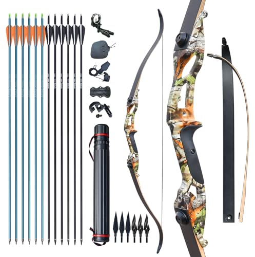 D&Q Recurvebogen Pfeil und Bogen Set 56 Zoll langbogen Rechte Hand Aluminiumlegierung Riser 30-50lbs Jagdbogen für Erwachsene Sportbogen(Tarnung,30lb)…