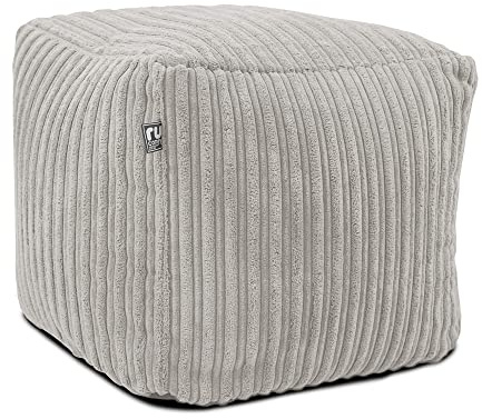 rucomfy Corduroy Cube Footstool - Machine Washable Bean Bag Pouffe for Living Room Footrests and Extra Lounge Seating - 38x38x38cm (Platinum Grey)