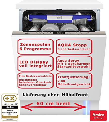Amica Einbau Geschirrspüler 60cm vollintegriert AquaStopp Aqua Spray Zonenspülen, Startzeitvorwahl, Spülmaschine EGSPV 594 910