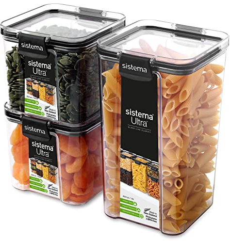 Sistema Ultra Tritan Airtight Pantry & Kitchen Storage Containers | 3 Square Plastic Food Containers with Lids (1x 1.3L + 2x 700ml) | Stackable | with Locking Clips | BPA-Free