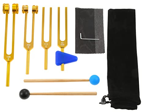 Stimmgabel-Set, 128 Hz, 256 Hz, 512 Hz, 528 Hz, Klanginstrument, Stimmgabeln Chakra mit Hammer, dreieckigem Kieselgel, Schraubenschlüssel, Aufbewahrungstasche und Reinigungstuch, Gold, 4 Stück
