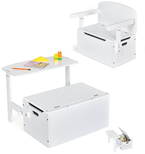 RELAX4LIFE Cassapanca Contenitore Trasformabile 3 in 1 in Legno con Scatola Portaoggetti, Tavolo e Sedie, Scatola dei Giocattoli per Bambini Adatta per Casa e Scuola (Bianco)